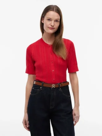 Short-Sleeve Mixed-Knit Cardigan