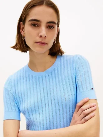Short-Sleeve Pointelle Pocket Sweater