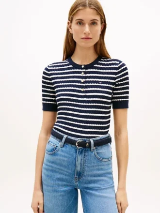 Short-Sleeve Stripe Cable Knit Henley