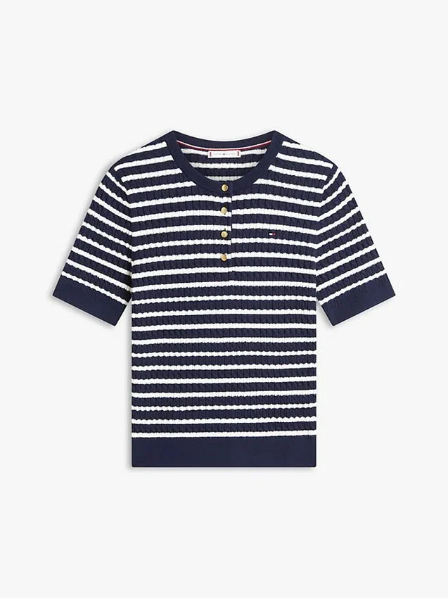 Short-Sleeve Stripe Cable Knit Henley Short-Sleeve Stripe Cable Knit Henley