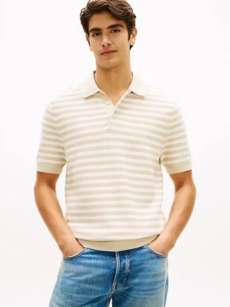 Short-Sleeve Stripe Waffled Sweater Polo