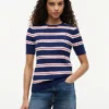 Short-Sleeve Striped Cable Knit Sweater