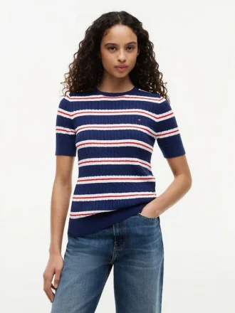 Short-Sleeve Striped Cable Knit Sweater