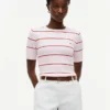 Short-Sleeve Striped Cable Knit Sweater