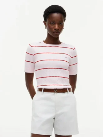 Short-Sleeve Striped Cable Knit Sweater