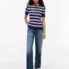 Short-Sleeve Striped Cable Knit Sweater