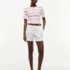 Short-Sleeve Striped Cable Knit Sweater