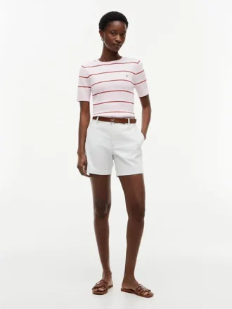 Short-Sleeve Striped Cable Knit Sweater
