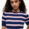 Short-Sleeve Striped Cable Knit Sweater