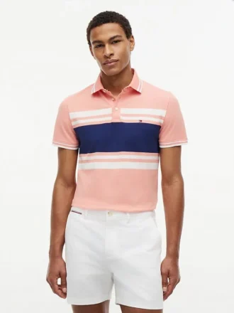 Slim Fit Block Stripe Stretch Pique Polo