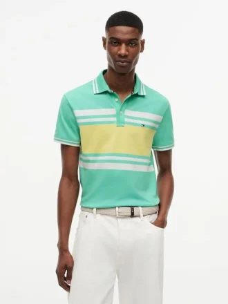 Slim Fit Block Stripe Stretch Pique Polo
