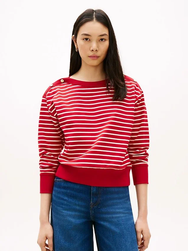 Stripe Gold-Button Boatneck Sweatshirt Stripe Gold-Button Boatneck Sweatshirt
