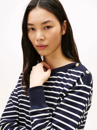 Stripe Gold-Button Boatneck Sweatshirt