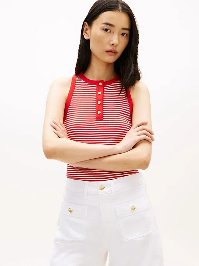 Stripe Gold-Button Henley Tank Top Stripe Gold-Button Henley Tank Top