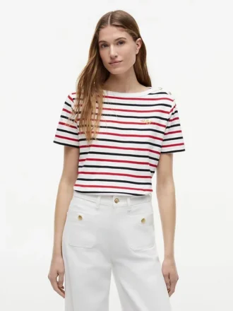 Stripe Gold-Button Interlock T-Shirt