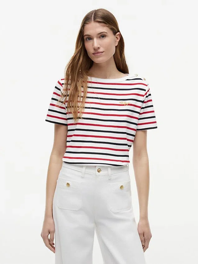 Stripe Gold-Button Interlock T-Shirt Stripe Gold-Button Interlock T-Shirt