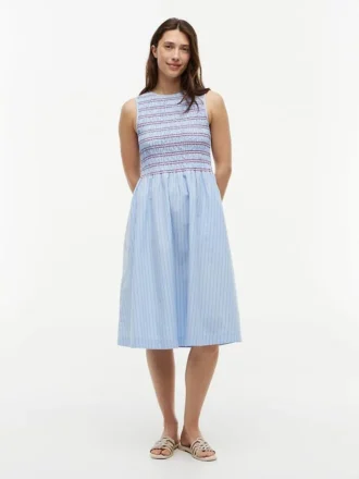 Striped Shirred Poplin Midi Dress
