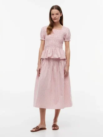 Striped Shirred Poplin Midi Skirt