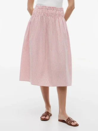 Striped Shirred Poplin Midi Skirt