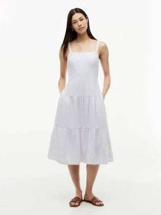 Striped Tiered Linen-Blend Midi Dress