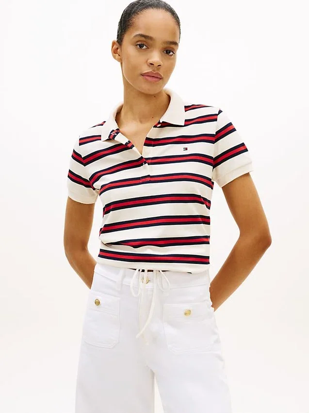 Tie-Front Stripe Stretch Pique Polo Tie-Front Stripe Stretch Pique Polo