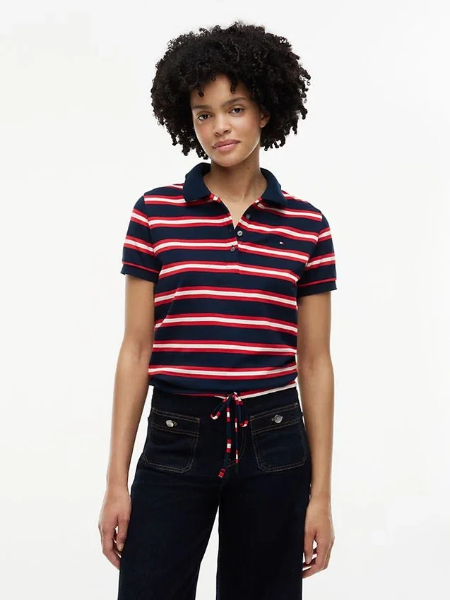 Tie-Front Stripe Stretch Pique Polo Tie-Front Stripe Stretch Pique Polo