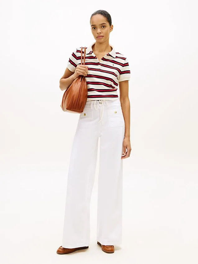 Tie-Front Stripe Stretch Pique Polo Tie-Front Stripe Stretch Pique Polo