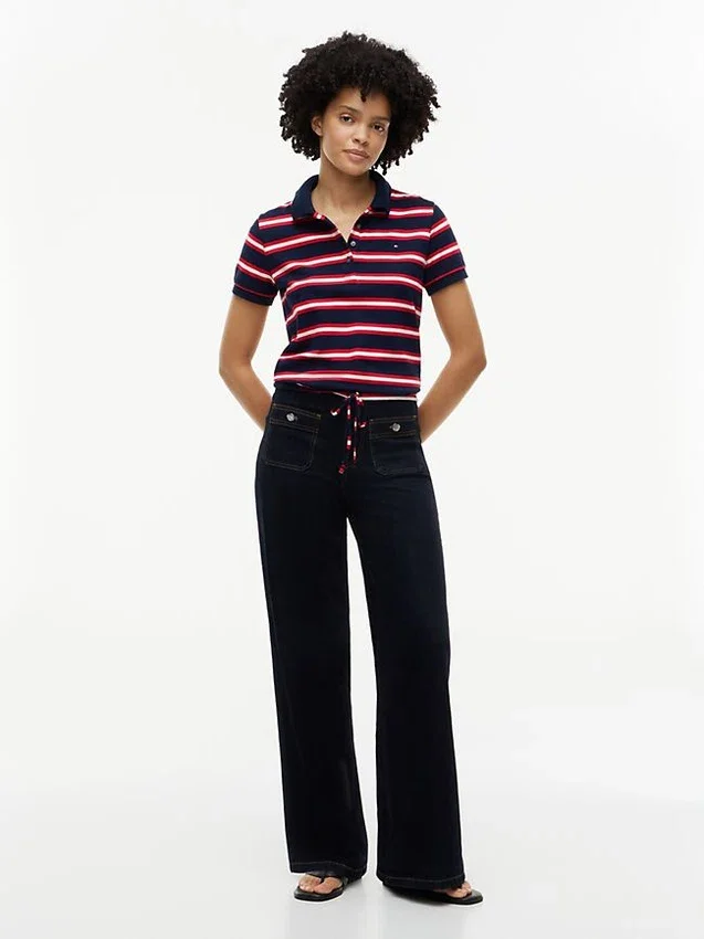 Tie-Front Stripe Stretch Pique Polo Tie-Front Stripe Stretch Pique Polo