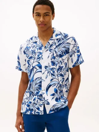 Tropical Print Linen Camp Shirt