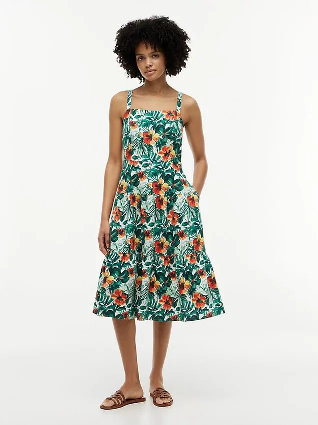 Tropical Print Tiered Linen-Blend Dress Tropical Print Tiered Linen-Blend Dress