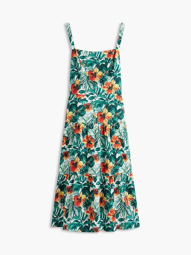 Tropical Print Tiered Linen-Blend Dress Tropical Print Tiered Linen-Blend Dress